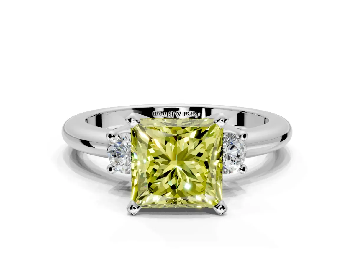 3 Stone Engagement Ring Setting for Fancy Yellow Princess Cut Center with Wide Plain Band and Prong Head in Sterling Silver