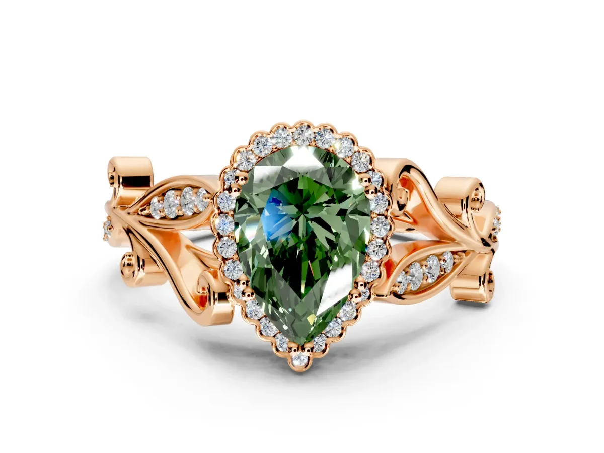 Halo Engagement Ring Setting for Fancy Green Pear-Shaped Center with Leaf Motif Split Shank and Prong Head in Rose Gold