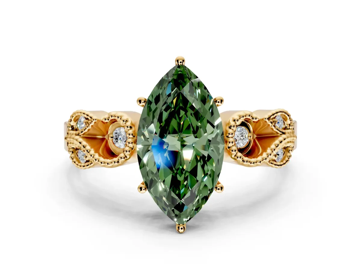 Leaf Engagement Ring Setting for Fancy Green Marquise Center with Milgrain Accent Band and Prong Head in Yellow Gold
