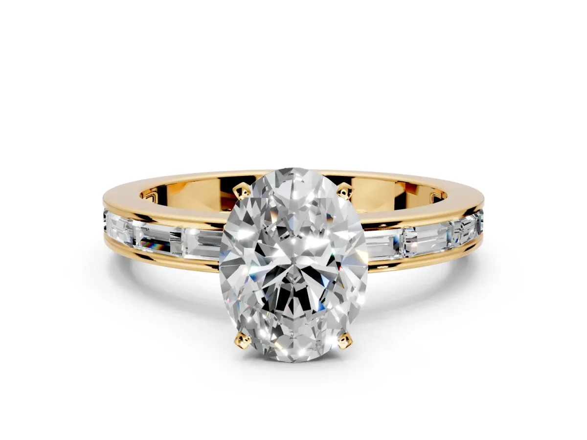 Solitaire Engagement Ring Setting for Oval Center with Channel Baguette Band and Prong Head in Yellow Gold