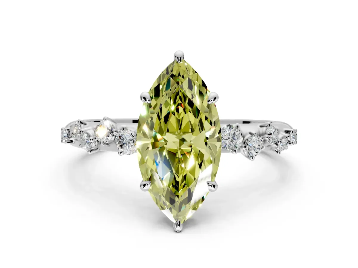 Cluster Engagement Ring Setting for Fancy Yellow Marquise Center with Round Cut Accent Band and Prong Head in Platinum