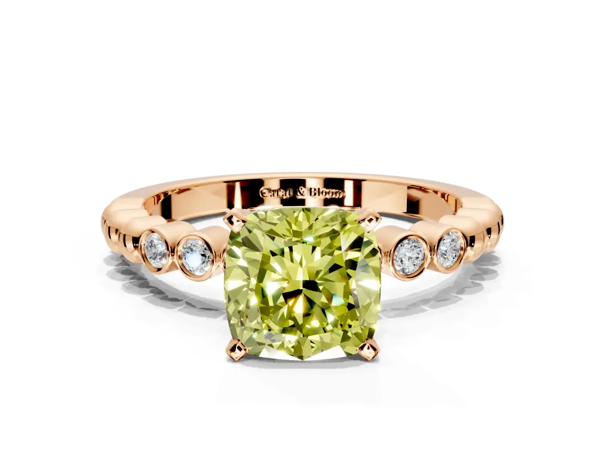Solitaire Engagement Ring Setting for Fancy Yellow Cushion Cut Center with Bezel-Dot Beaded Band and Prong Head in Rose Gold