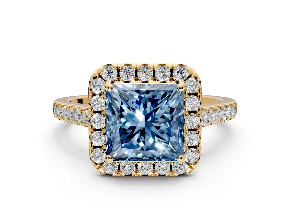 Halo Engagement Ring Setting for Fancy Blue Princess Cut Center with Narrowing Pave Band and Prong Head in Yellow Gold