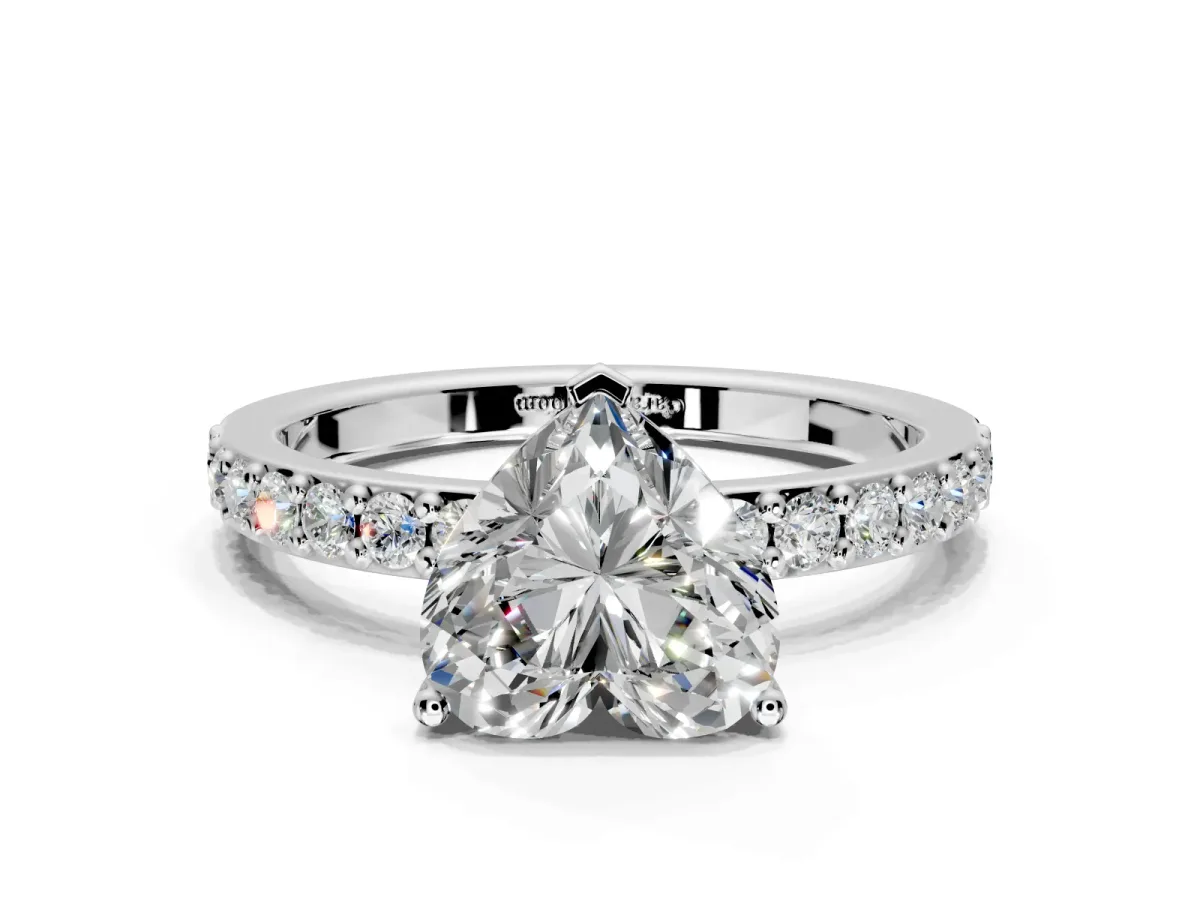 Solitaire Engagement Ring Setting for Heart-Shaped Center with Round Cut Pave Band and Prong Head in Platinum