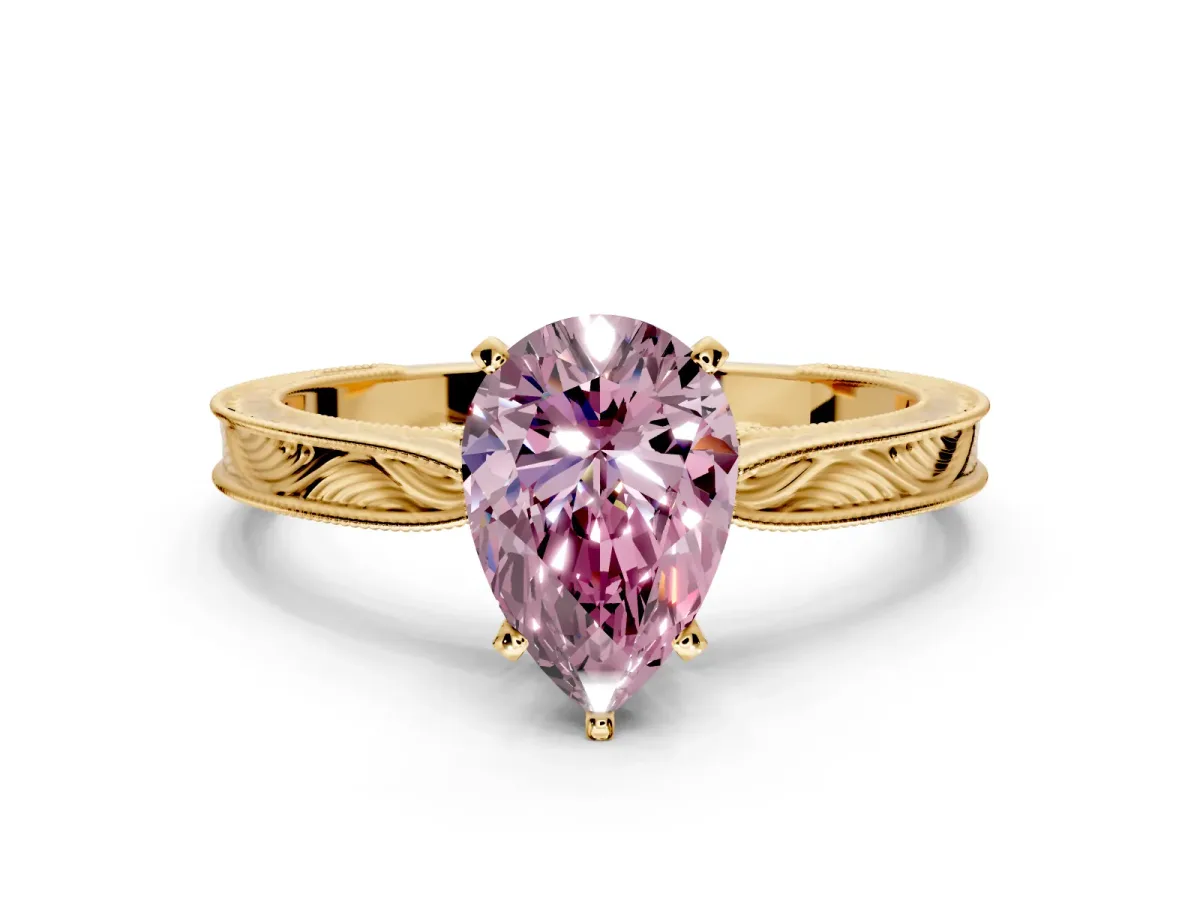 Solitaire Engagement Ring Setting for Fancy Pink Pear-Shaped Center with Engraved Milgrain Band and Prong Head in Yellow Gold