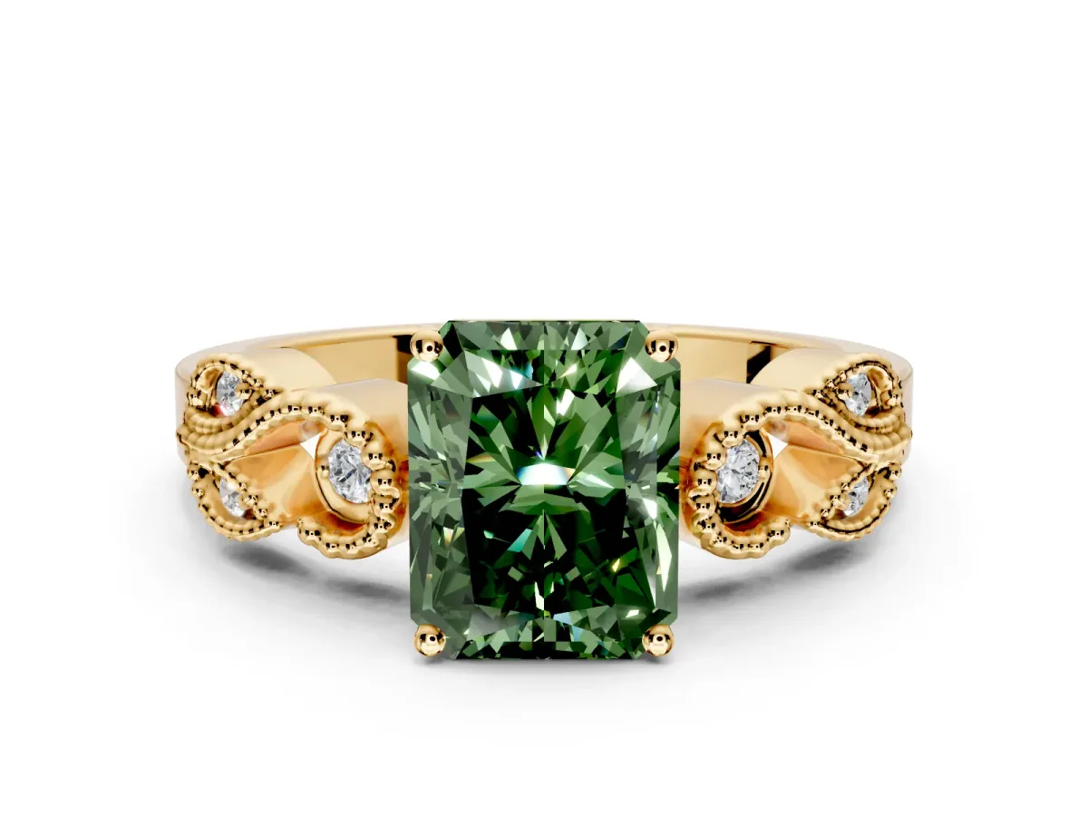 Leaf Engagement Ring Setting for Fancy Green Princess Cut Center with Milgrain Accent Band and Prong Head in Yellow Gold