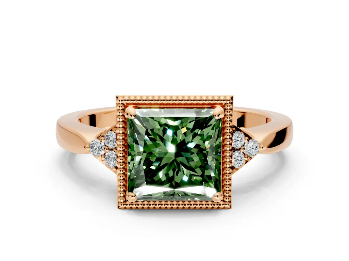 Cluster Engagement Ring Setting for Fancy Green Princess Cut Center with Milgrain Shoulder Clusters and Prong Head in Rose Gold