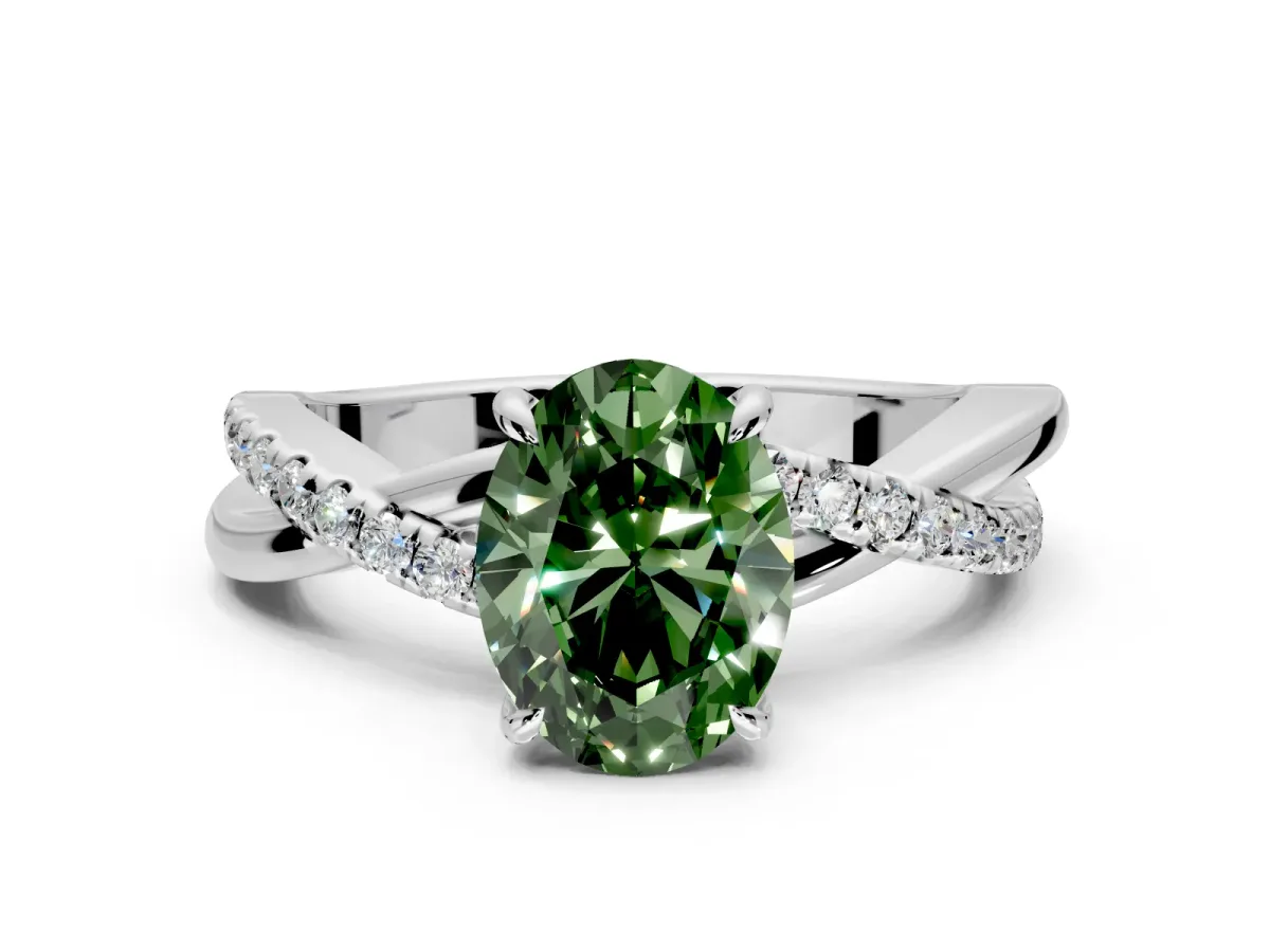 Crossover Engagement Ring Setting for Fancy Green Oval Center with Pave and Plain Strands and Prong Head in Platinum