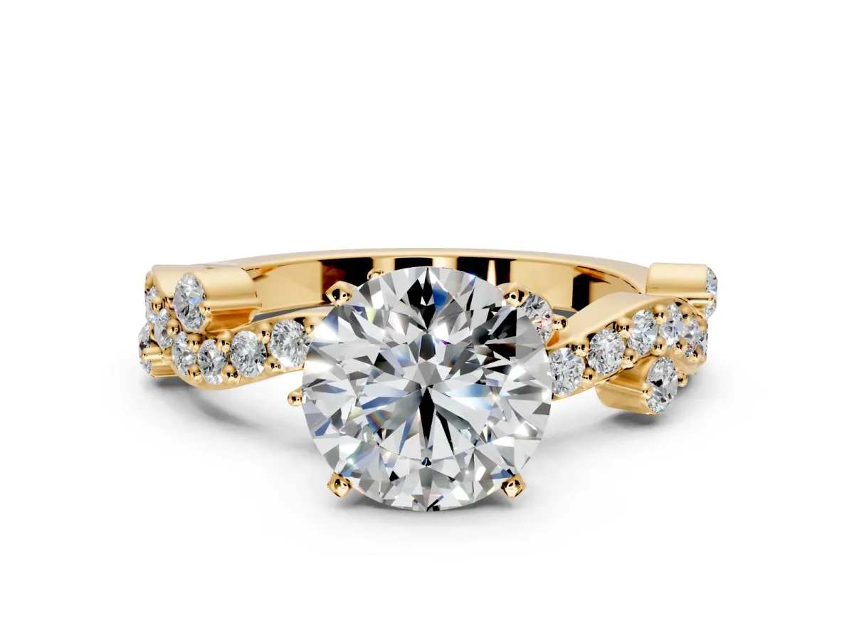 Solitaire Engagement Ring Setting for Round Cut Center with Bar-Station Pave Twist and Prong Head in Yellow Gold