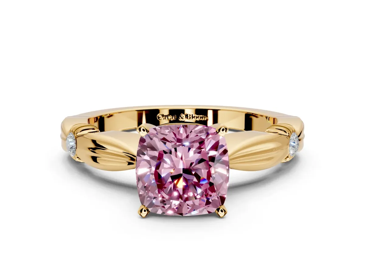 Solitaire Engagement Ring Setting for Fancy Pink Cushion Cut Center with Carved Leaf Shoulders and Prong Head in Yellow Gold