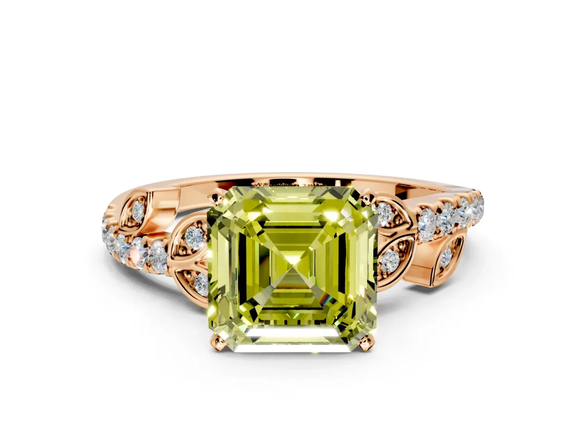 Leaf Motif Engagement Ring Setting for Fancy Yellow Asscher Cut Center with Pave Band and Prong Head in Rose Gold