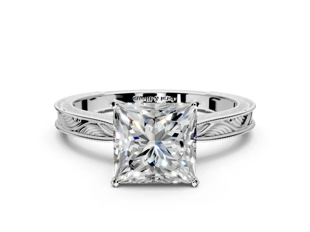 Solitaire Engagement Ring Setting for Princess Cut Center with Engraved Milgrain Band and Prong Head in Platinum
