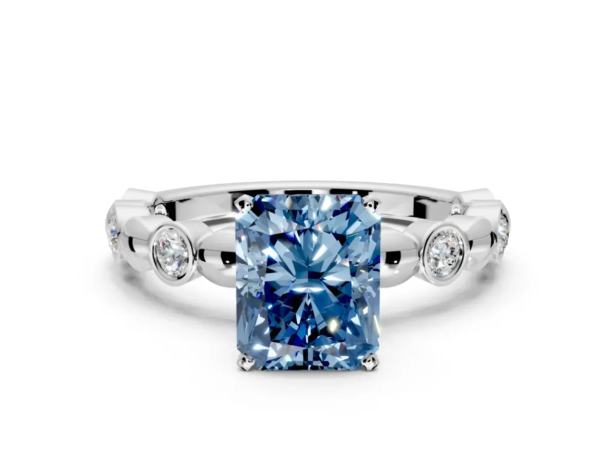 Solitaire Engagement Ring Setting for Fancy Blue Radiant Cut Center with Beaded Bezel Station Band and Prong Head in Sterling Silver