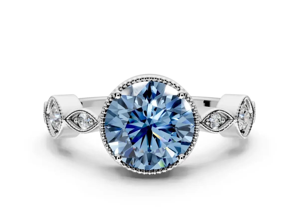 Vintage Station Engagement Ring Setting for Fancy Blue Round Cut Center with Accents and Prong Head in White Gold