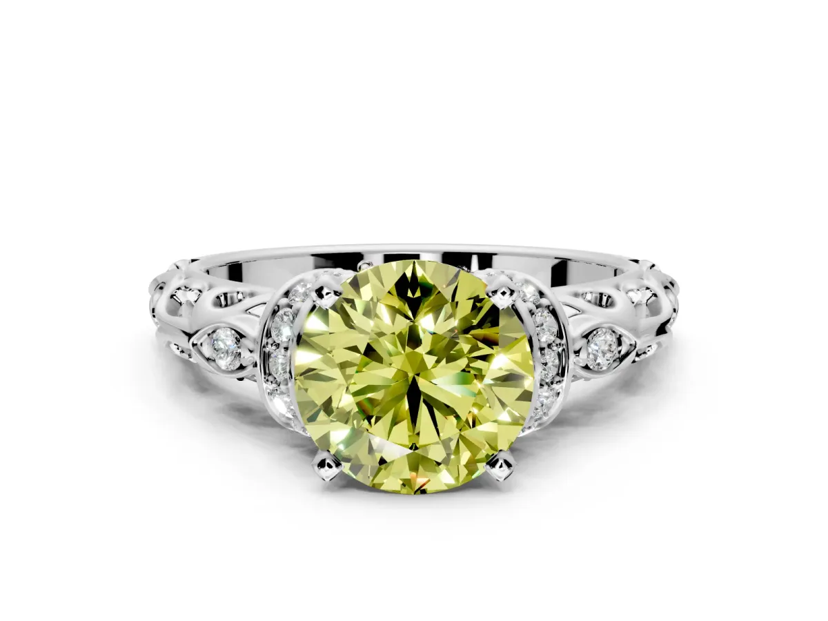 Solitaire Engagement Ring Setting for Fancy Yellow Round Cut Center with Filigree Band and Prong Head in Platinum