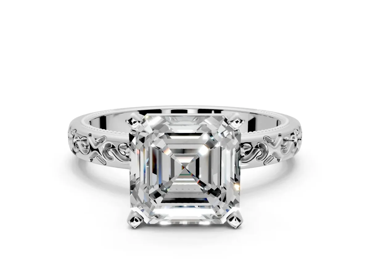 Solitaire Engagement Ring Setting for Asscher Cut Center with Scrollwork Band and Prong Head in Platinum