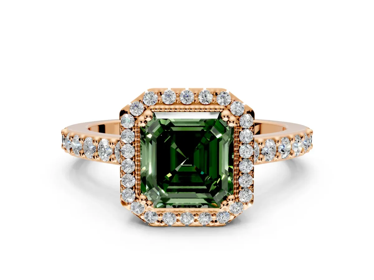 Halo Engagement Ring Setting for Fancy Green Asscher Cut Center with Inner Milgrain Border and Prong Head in Rose Gold