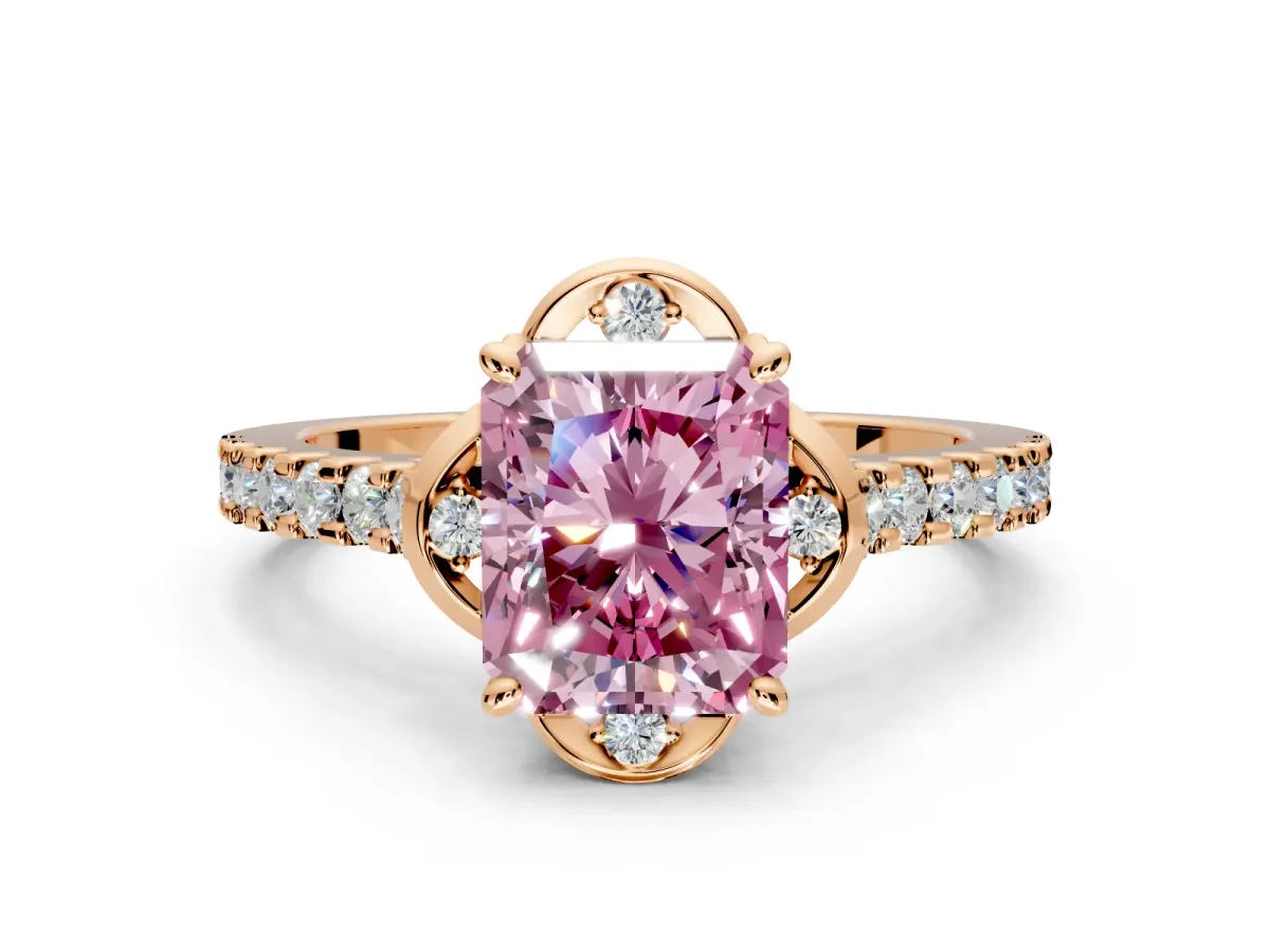 Floral Engagement Ring Setting for Fancy Pink Radiant Cut Center with Pave Band and Floral Prong Head in Rose Gold