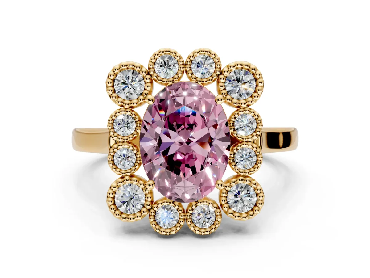 Cluster Halo Engagement Ring Setting for Fancy Pink Oval Center with Milgrain Bezel Accents and Prong Head in Yellow Gold
