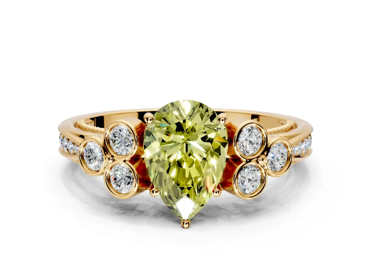 Cluster Engagement Ring Setting for Fancy Yellow Pear-Shaped Center with Bezel Accent Clusters and Prong Head in Yellow Gold