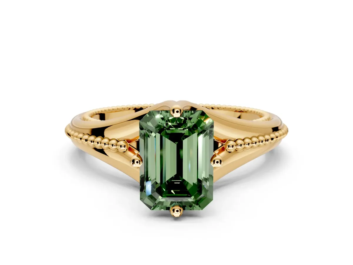 Solitaire Engagement Ring Setting for Fancy Green Emerald Cut Center with Milgrain Cathedral Band and Prong Head in Yellow Gold