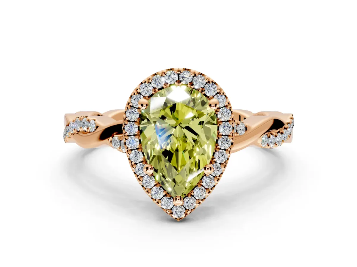 Halo Engagement Ring Setting for Fancy Yellow Pear-Shaped Center with Pave and Plain Twist Band and Prong Head in Rose Gold