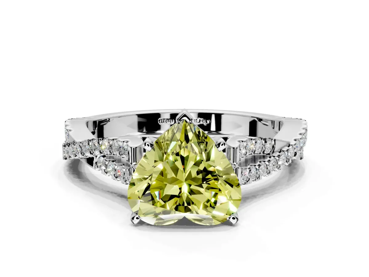 Solitaire Engagement Ring Setting for Fancy Yellow Heart-Shaped Center with Twisted Pave Split Shank and Prong Head in White Gold