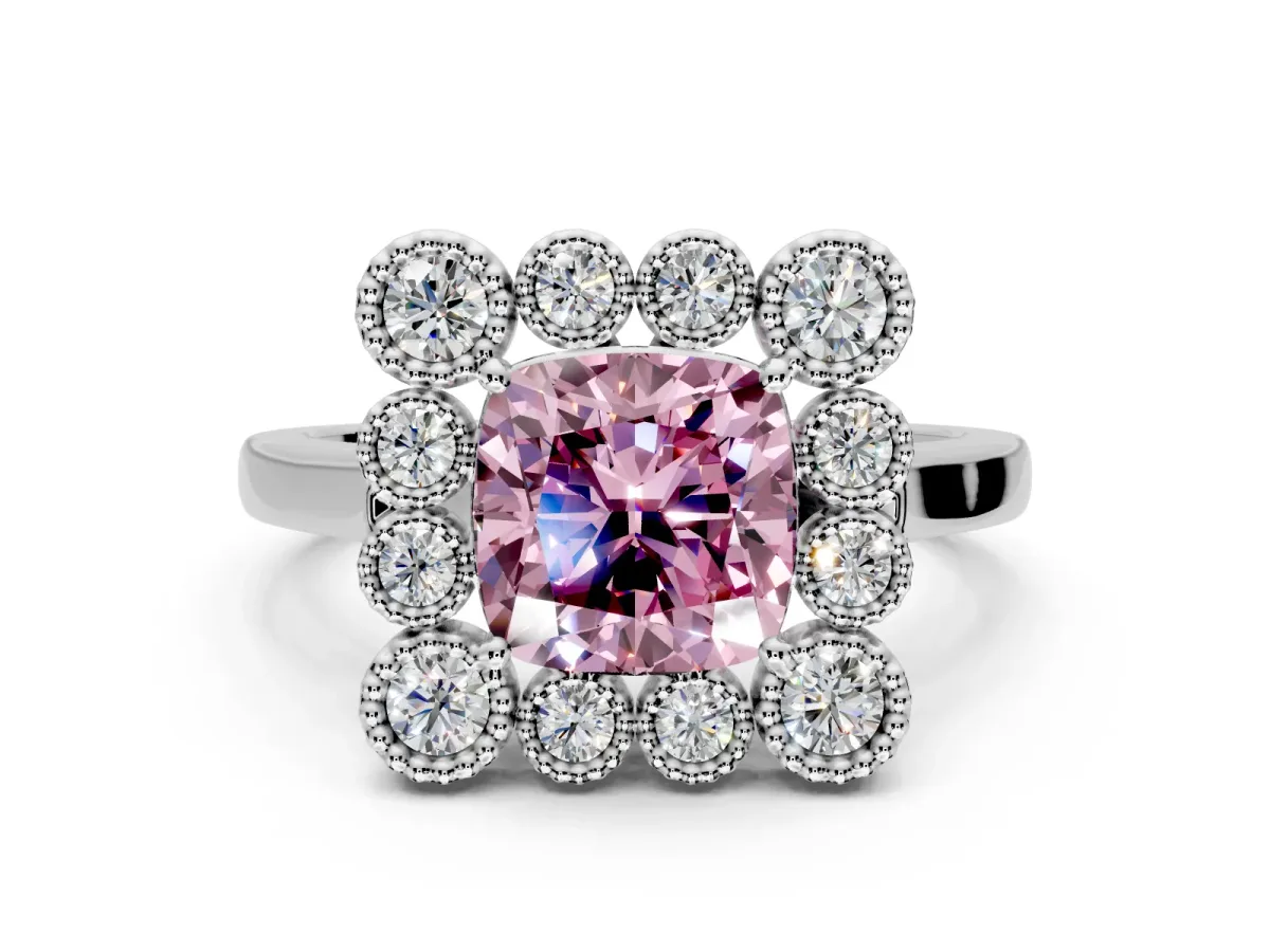Cluster Halo Engagement Ring Setting for Fancy Pink Cushion Cut Center with Milgrain Bezel Accents and Prong Head in Platinum
