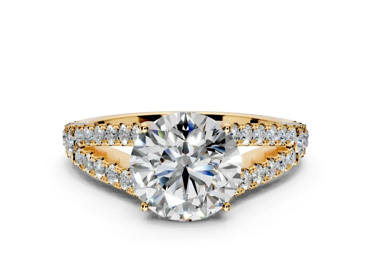 Solitaire Engagement Ring Setting for Round Cut Center with Pave Split Shank and Prong Head in Yellow Gold
