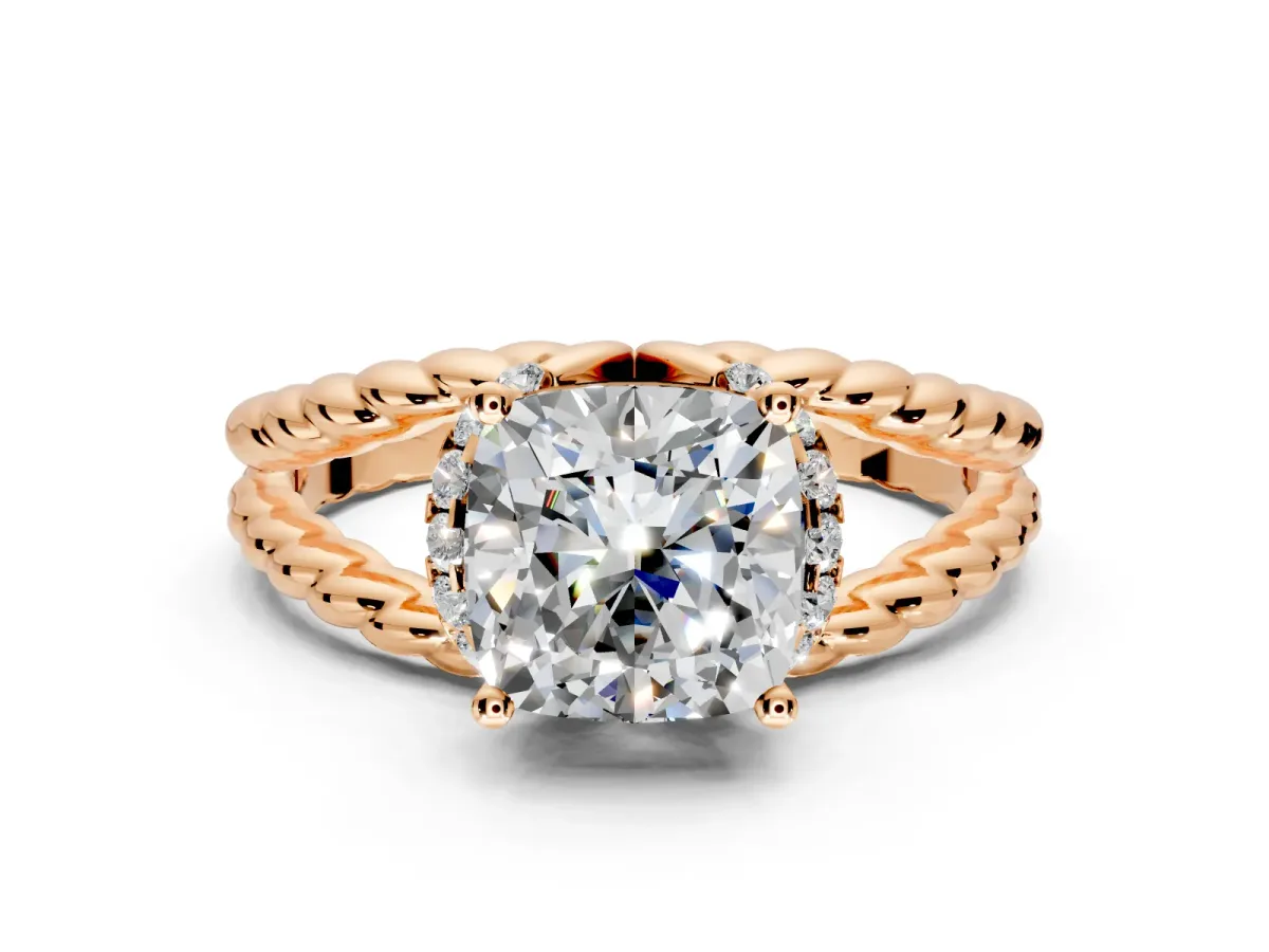 Halo Engagement Ring Setting for Cushion Cut Center with Rope Twist Split Shank and Prong Head in Rose Gold