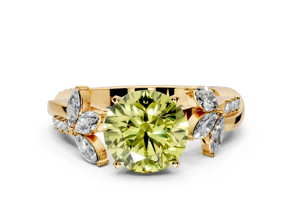 Floral Engagement Ring Setting for Fancy Yellow Round Cut Center with Trailing Marquise Accents and Prong Head in Yellow Gold
