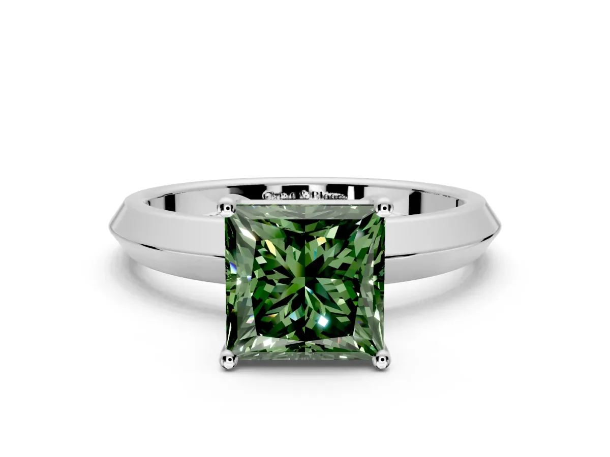 Solitaire Engagement Ring Setting for Fancy Green Princess Cut Center with Wide Knife Ridge Band and Prong Head in Sterling Silver