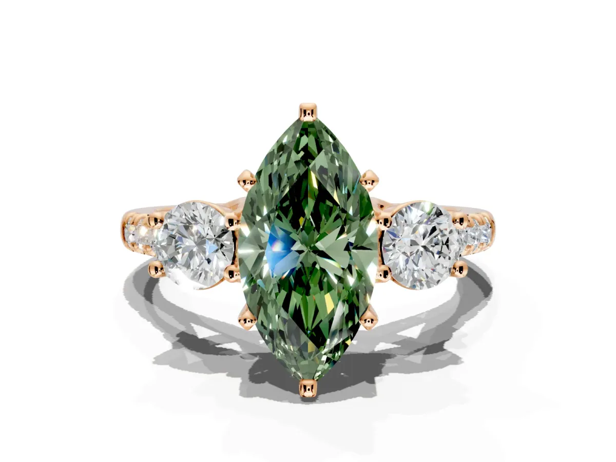 3 Stone Engagement Ring Setting for Fancy Green Marquise Center with Crossover Basket, Pave Band and Prong Head in Rose Gold