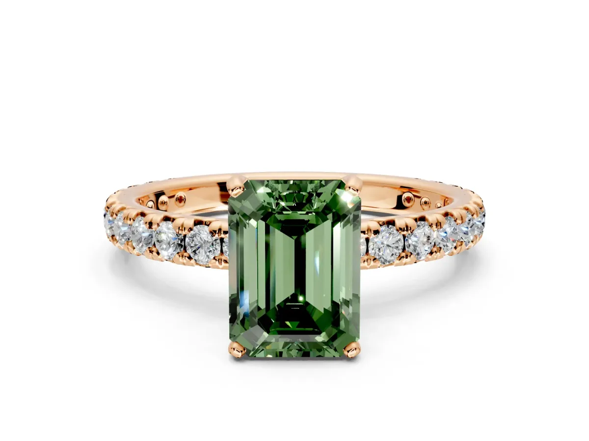 Solitaire Engagement Ring Setting for Fancy Green Emerald Cut Center with Shared-Prong Accents and Prong Head in Rose Gold