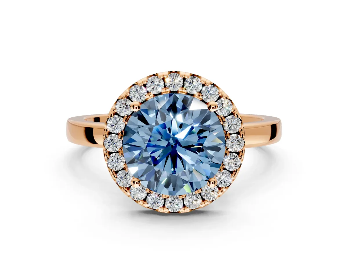 Halo Engagement Ring Setting for Fancy Blue Round Cut Center with Thin Plain Band and Prong Head in Rose Gold