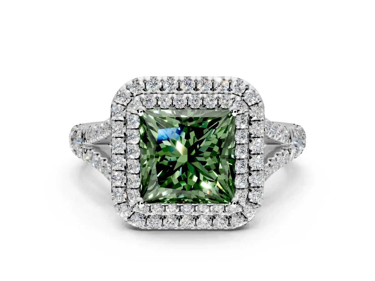 Double Halo Engagement Ring Setting for Fancy Green Princess Cut Center with Narrow Pave Split Shank and Prong Head in Platinum