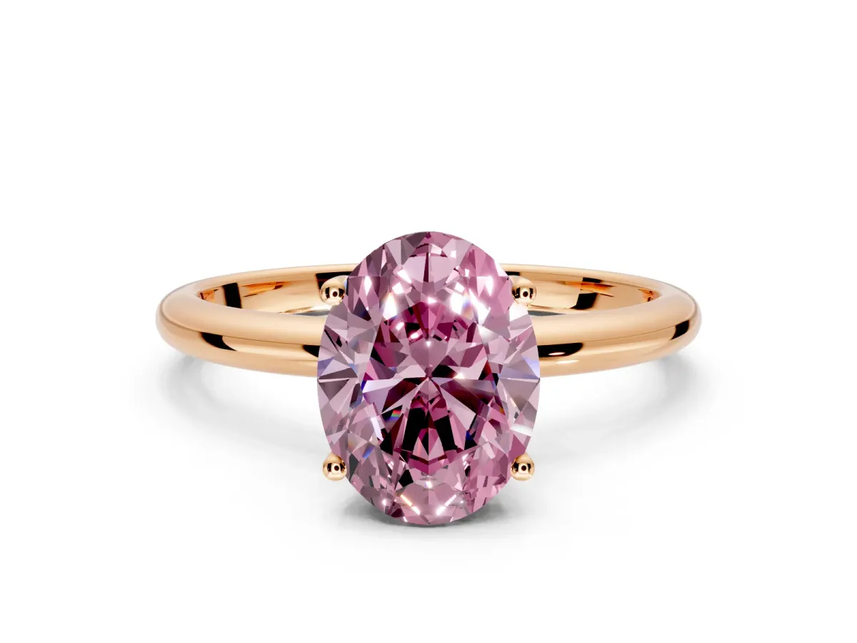 Hidden Halo Engagement Ring Setting for Fancy Pink Oval Center with Thin Round-Wire Band and Prong Head in Rose Gold