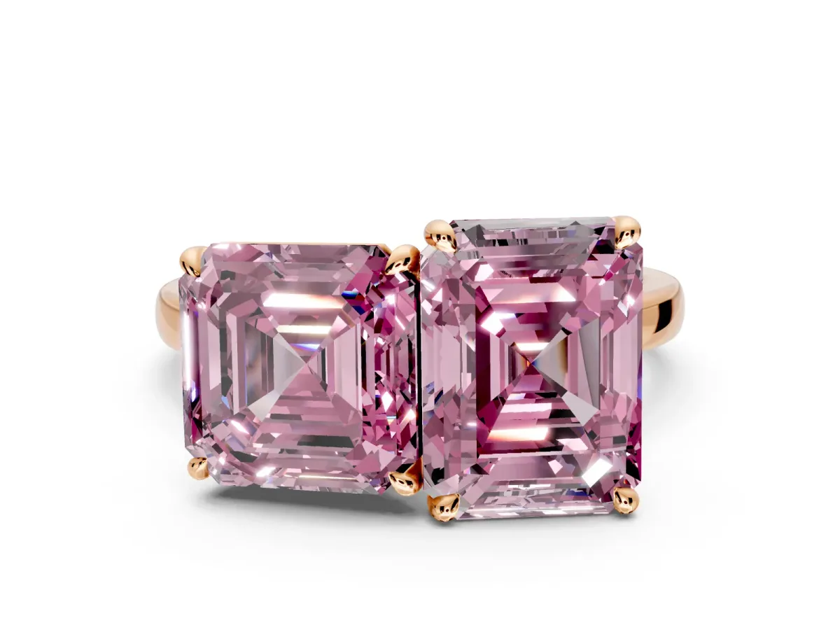 Fancy Pink Asscher Cut and Emerald Cut Lab-Grown Diamond Toi et Moi Engagement Ring with Prong-Set Stones in Rose Gold