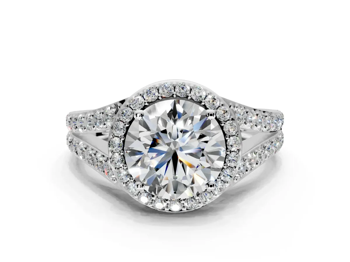 Halo Engagement Ring Setting for Round Cut Center with Narrow Pave Split Shank and Prong Head in Platinum