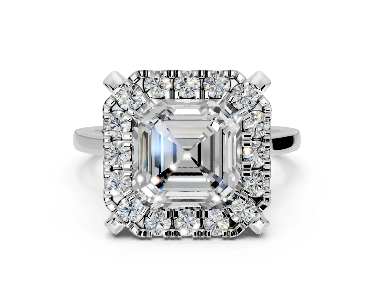 Single Halo Engagement Ring Setting for Asscher Cut Center with Corner Claws, Plain Band and Prong Head in Sterling Silver