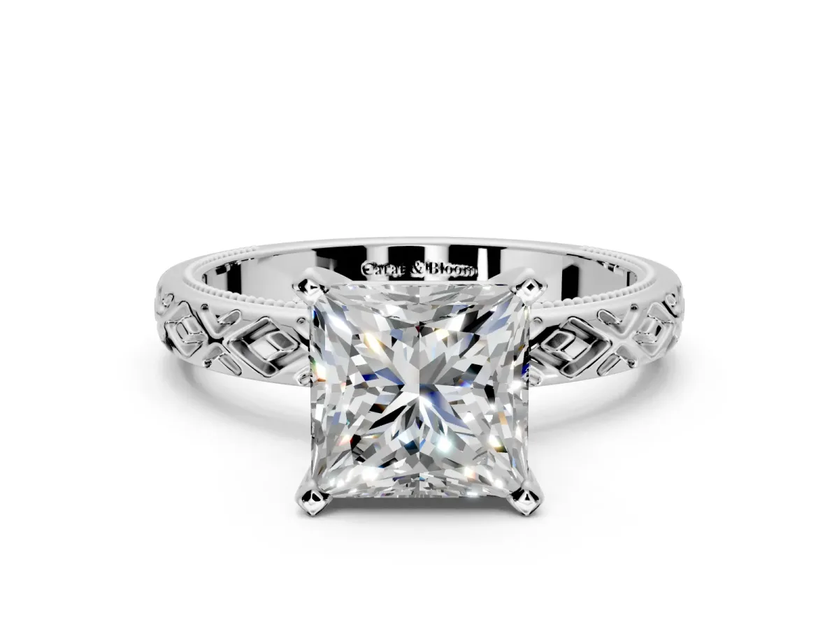 Solitaire Engagement Ring Setting for Princess Cut Center with Milgrain X Pattern Band and Prong Head in Platinum