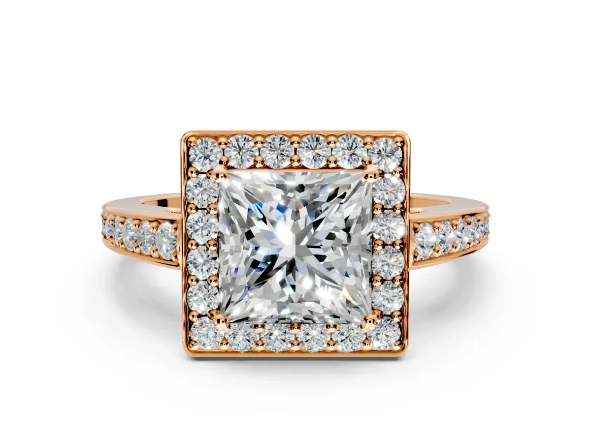 Bezel-Framed Halo Engagement Ring Setting for Princess Cut Center with Pave Band and Prong Head in Rose Gold