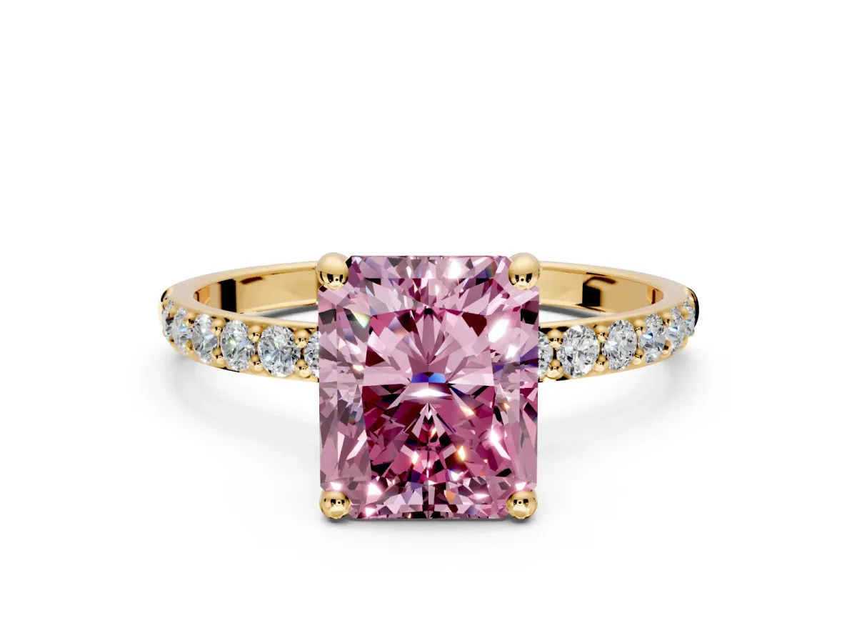 Solitaire Engagement Ring Setting for Fancy Pink Radiant Cut Center with Pave Accents and Prong Head in Yellow Gold