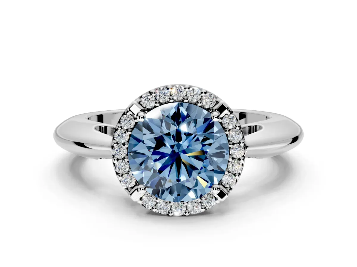Halo Engagement Ring Setting for Fancy Blue Round Cut Center with Tapered Plain Band and Prong Head in White Gold