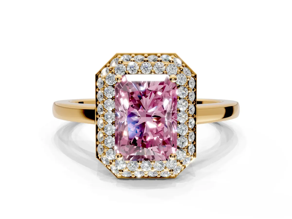 Halo Engagement Ring Setting for Fancy Pink Radiant Cut Center with Plain Tapered Band and Prong Head in Yellow Gold