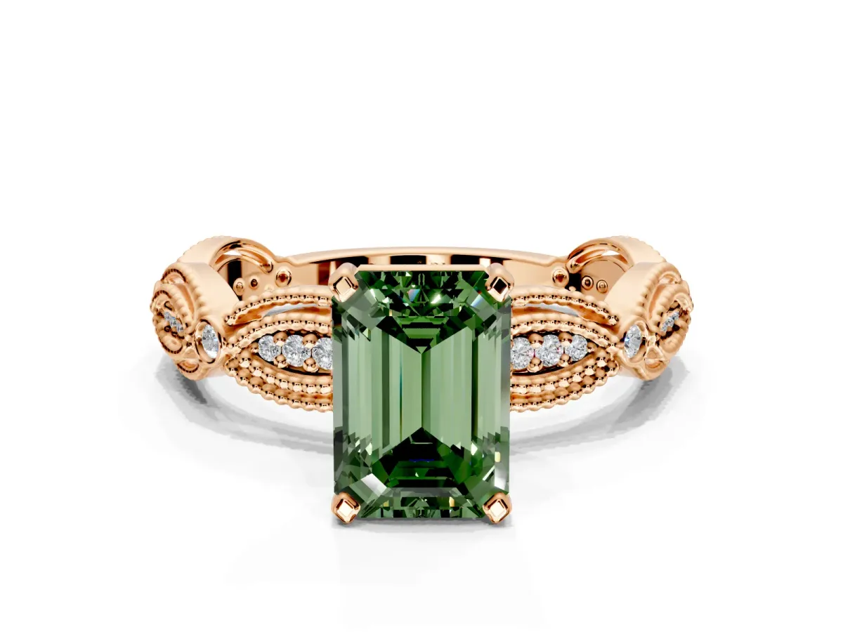 Solitaire Engagement Ring Setting for Fancy Green Emerald Cut Center with Marquise Panel Band and Prong Head in Rose Gold
