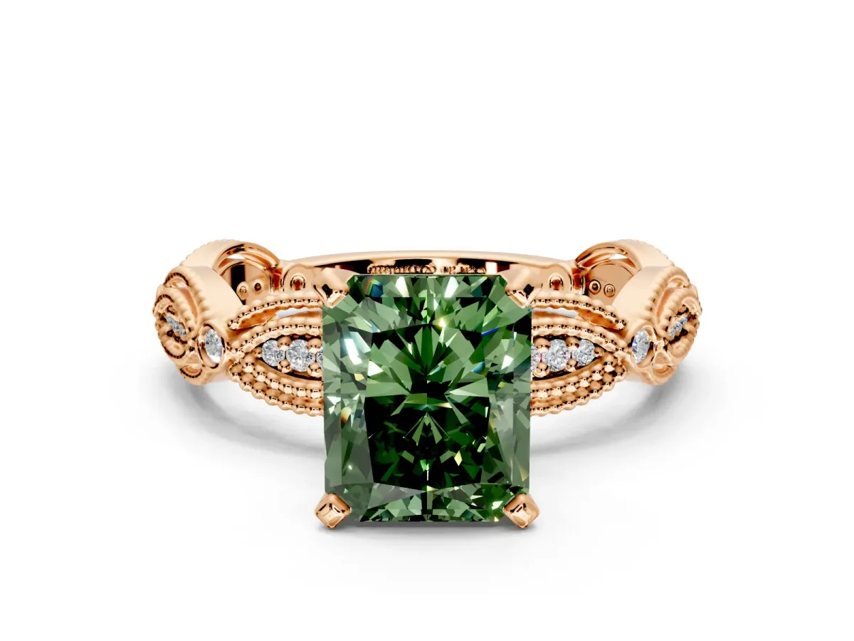 Solitaire Engagement Ring Setting for Fancy Green Radiant Cut Center with Marquise Panel Band and Prong Head in Rose Gold