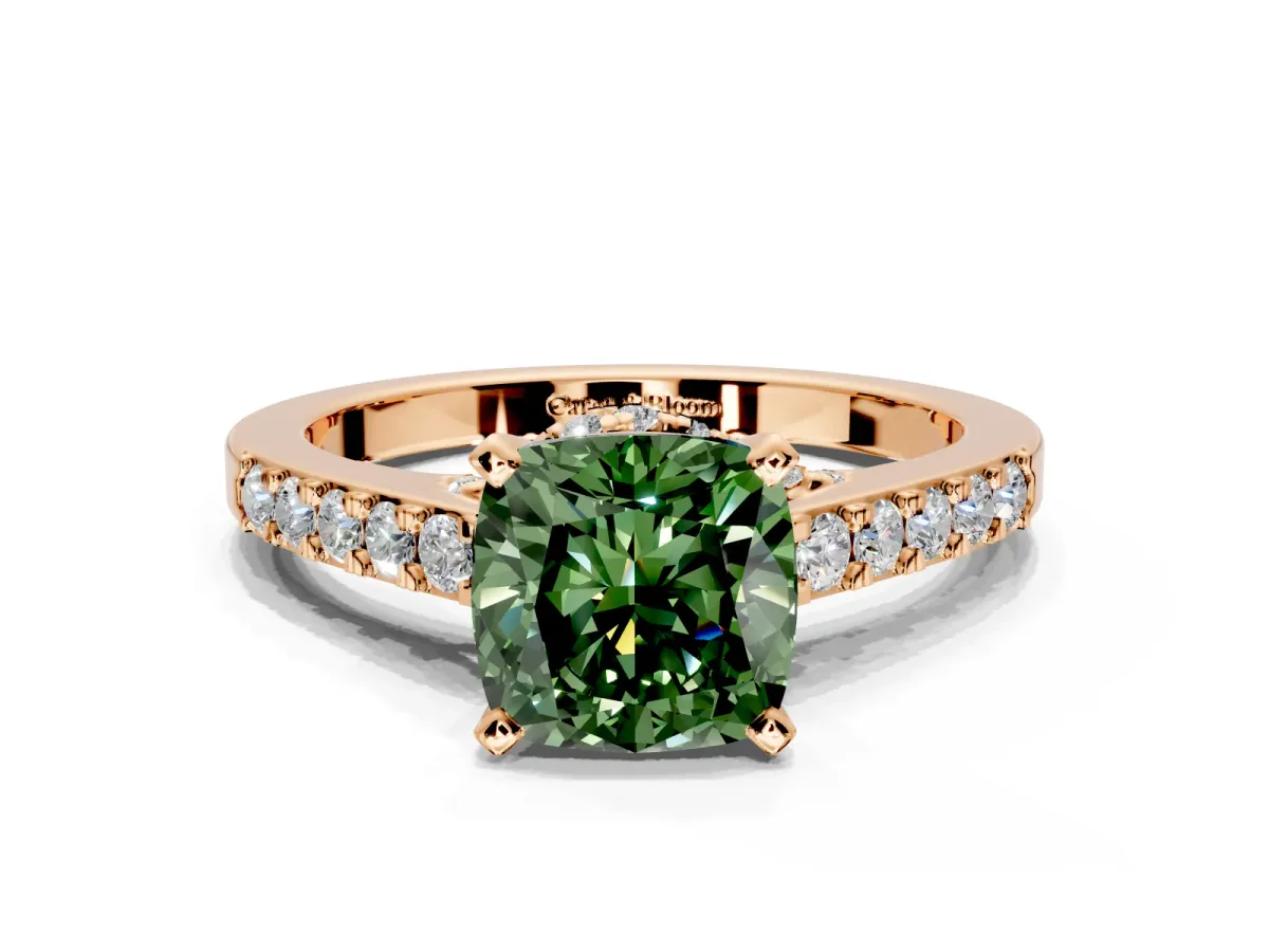 Solitaire Engagement Ring Setting for Fancy Green Cushion Cut Center with Crossover Accents and Prong Head in Rose Gold