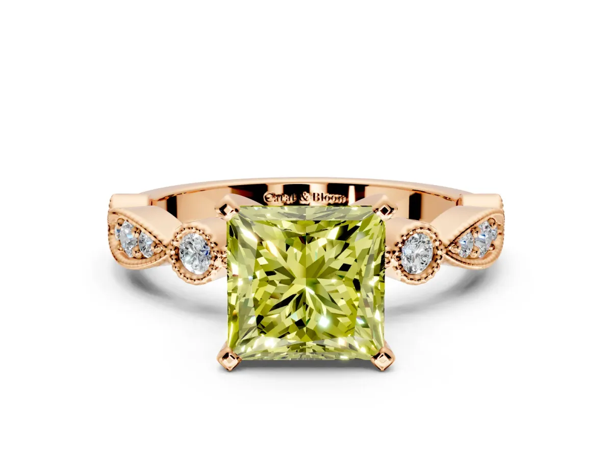 Solitaire Engagement Ring Setting for Fancy Yellow Princess Cut Center with Milgrain Bezel Accents and Prong Head in Rose Gold