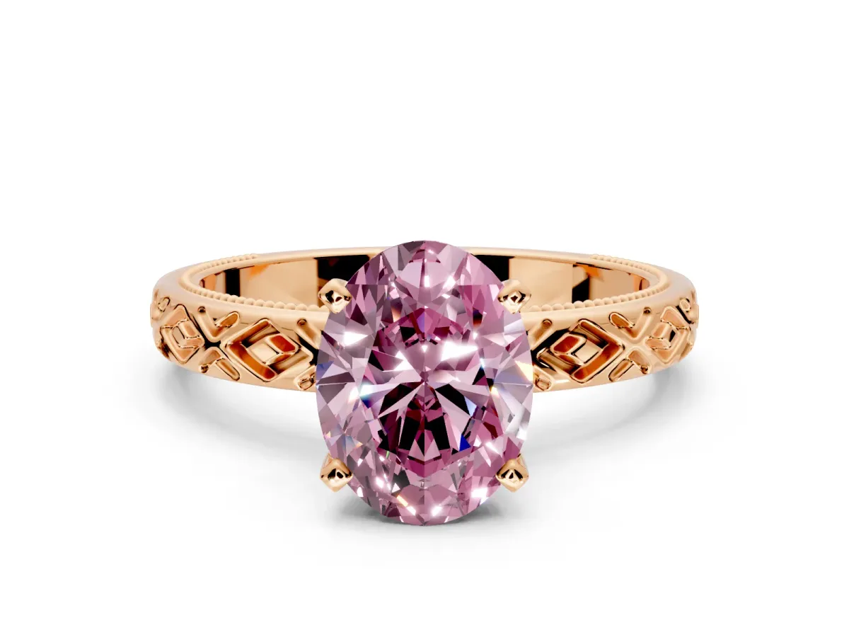 Solitaire Engagement Ring Setting for Fancy Pink Oval Center with Milgrain X Pattern Band and Prong Head in Rose Gold